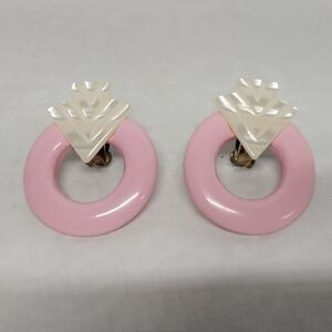 Pink and Cream Geometric Deco Style Plastic Earrings